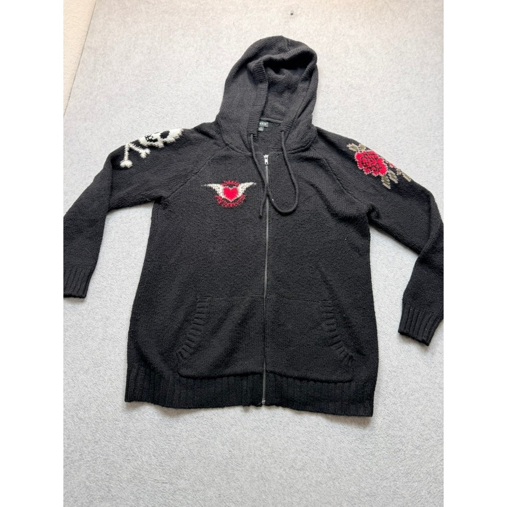 Torrid Black Knit Zip Up Hoodie Skull Rose Winged Heart Embroidered Sweater 1 L